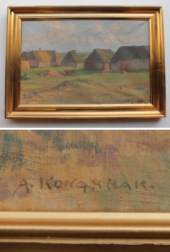Maleri Huse i åbent landskab af A.Kongsbak(1877-1958)