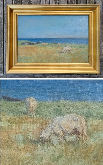 Maleri af Marius Jensen Hindevad - Græssende får på strandeng