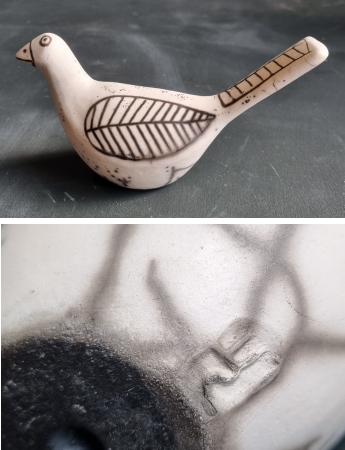 Lille fugl Raku  - hvidmalet, brændt lertøj
