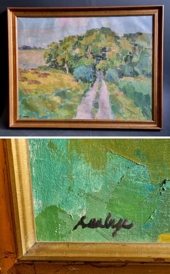 Maleri bent landskab med skov og markvej af Svend Saabye