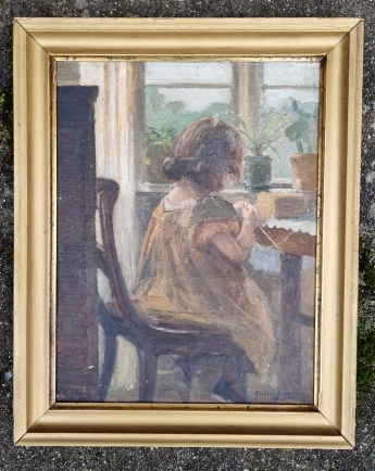 Maleri Pige med strikketj af Carl Eiler Srensen